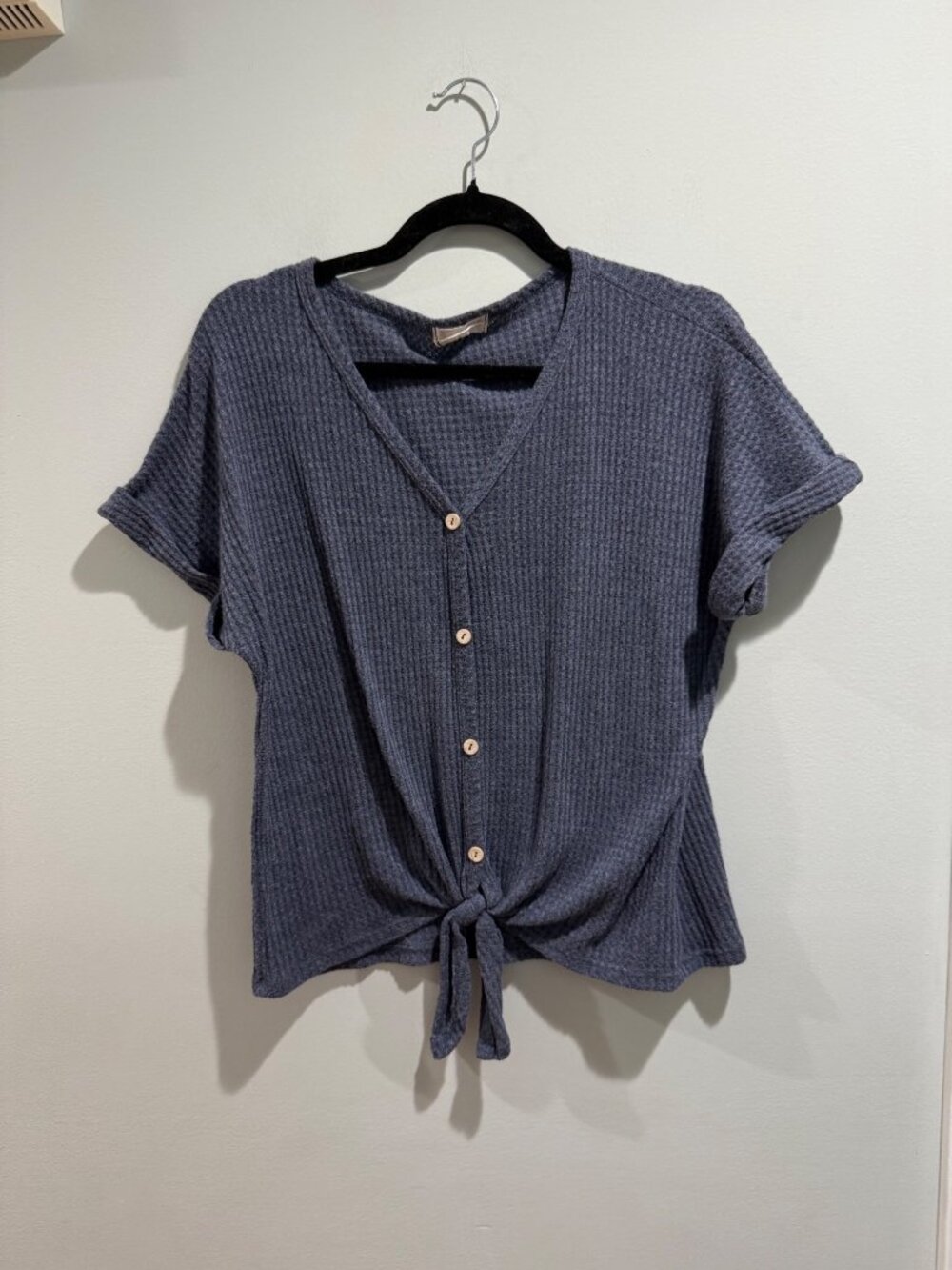 Altar'd State Women’s Blue Waffle Knit Tie-Front Short Sleeve Top - Small